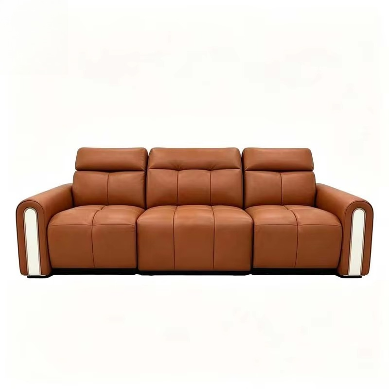 Home.Cinema Orange - โซฟาหนังสีส้มปรับเอนนอนได้สำหรับโฮมซีเนม 3 ที่นั่ง พร้อมพนักพิงศีรษะปรับระดับด้วยระบบไฟฟ้า โซฟาหนังแท้สำหรับห้องนั่งเล่นของครอบครัว