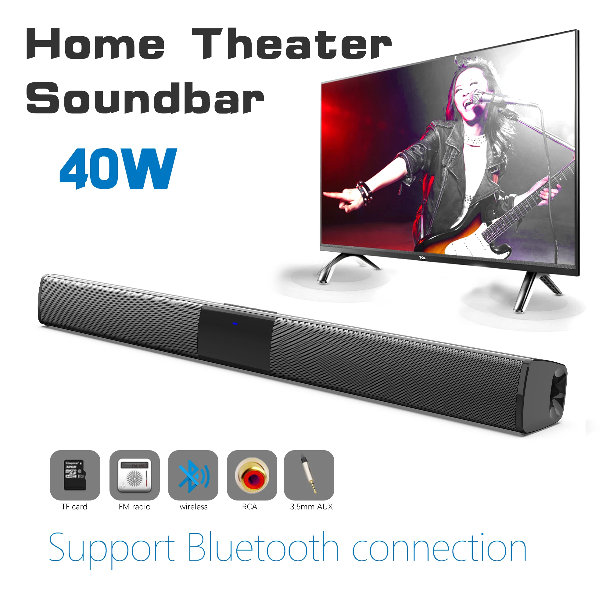 Home Cinema Audio System - แถบเสียงพลังสูง40W สำหรับทีวีคอมพิวเตอร์ลำโพงบลูทูธไร้สายระบบเสียงโฮมเธียเตอร์วิทยุเอฟเอ็มซับวูฟเฟอร์กล่อง RCA TF